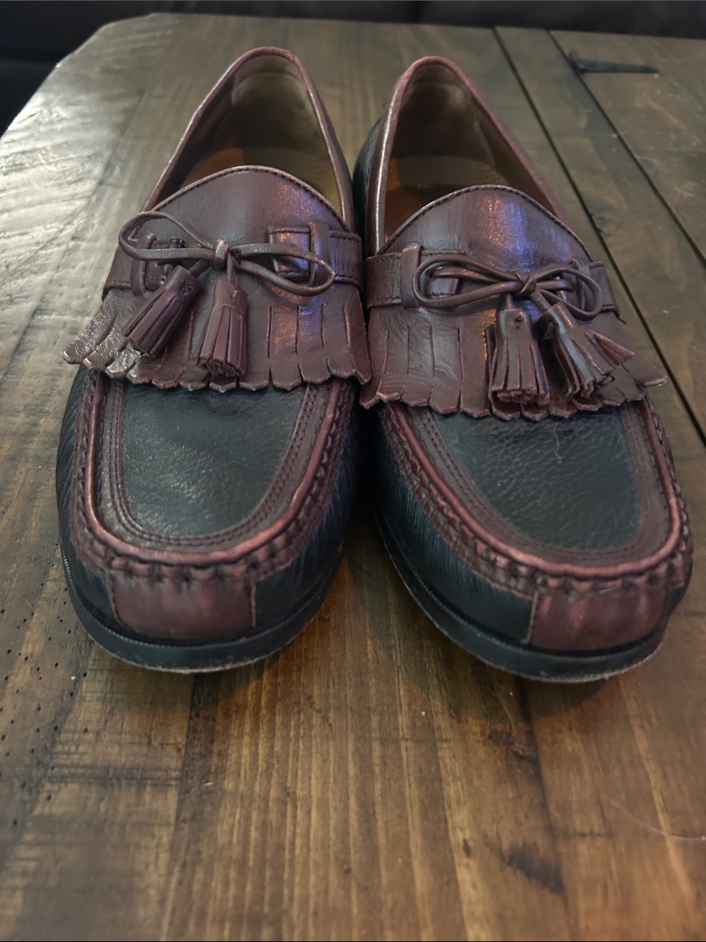 Johnston & Murphy Two-Tone Brown and Black Tassel Loafers